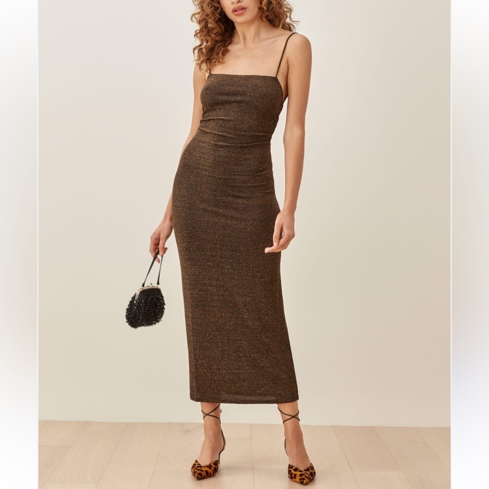Brand New o.p.t. Bronze Metallic Sparkle Midi Slip Dress Open Back Formal NYE